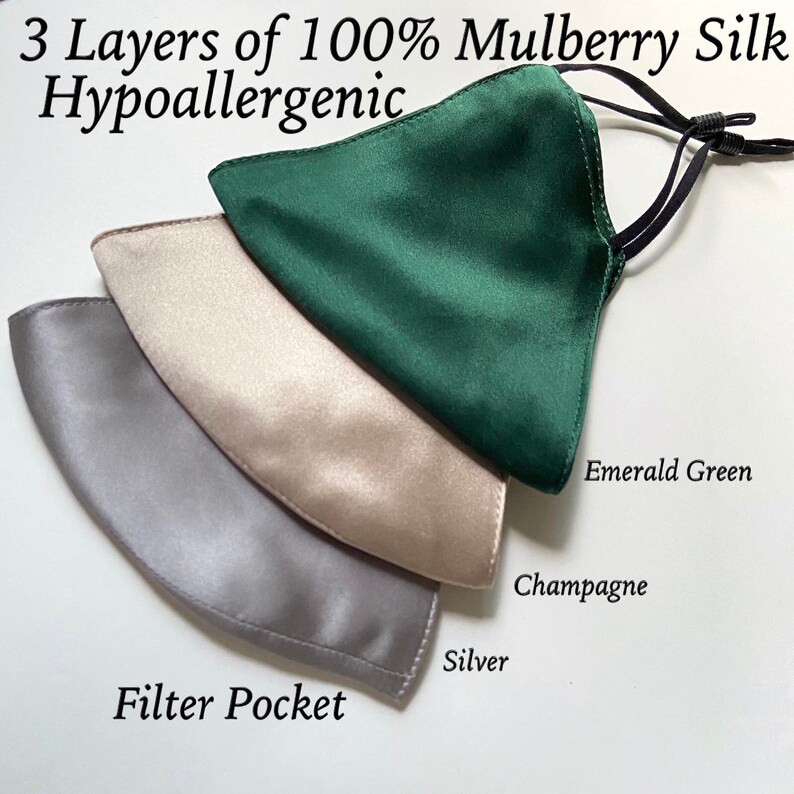 Mulberry Silk Face Mask Emerald Green 3 Layers Pocket Nose Wire Wedding face Mask Luxury Fabric Masks Face Mask gift image 2
