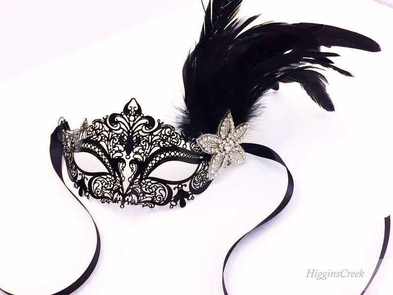 Black Tie event Masquerade Mask Women, Black feather mask, High quality elegant black venetian theme image 2