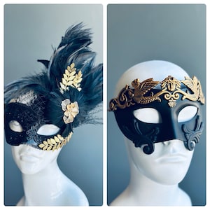 Black & Gold Regal Couples Masquerade Mask Set with Feathers