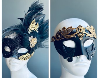 Regal Masquerade Masks for Couples - Roman Men’s Mask - Greek Goddess Women’s Mask feathers - Black/Gold