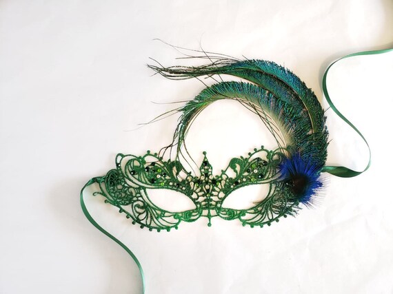 Womens Masquerade Mask Feathers Mardi Gras Green Gold | Masquerade Store