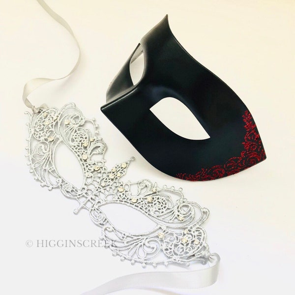 Silver and Black Masquerade Masks For Couples, Classic Masks For Couples, Womens Silver Lace Mask, His and Hers Masquerade Masks