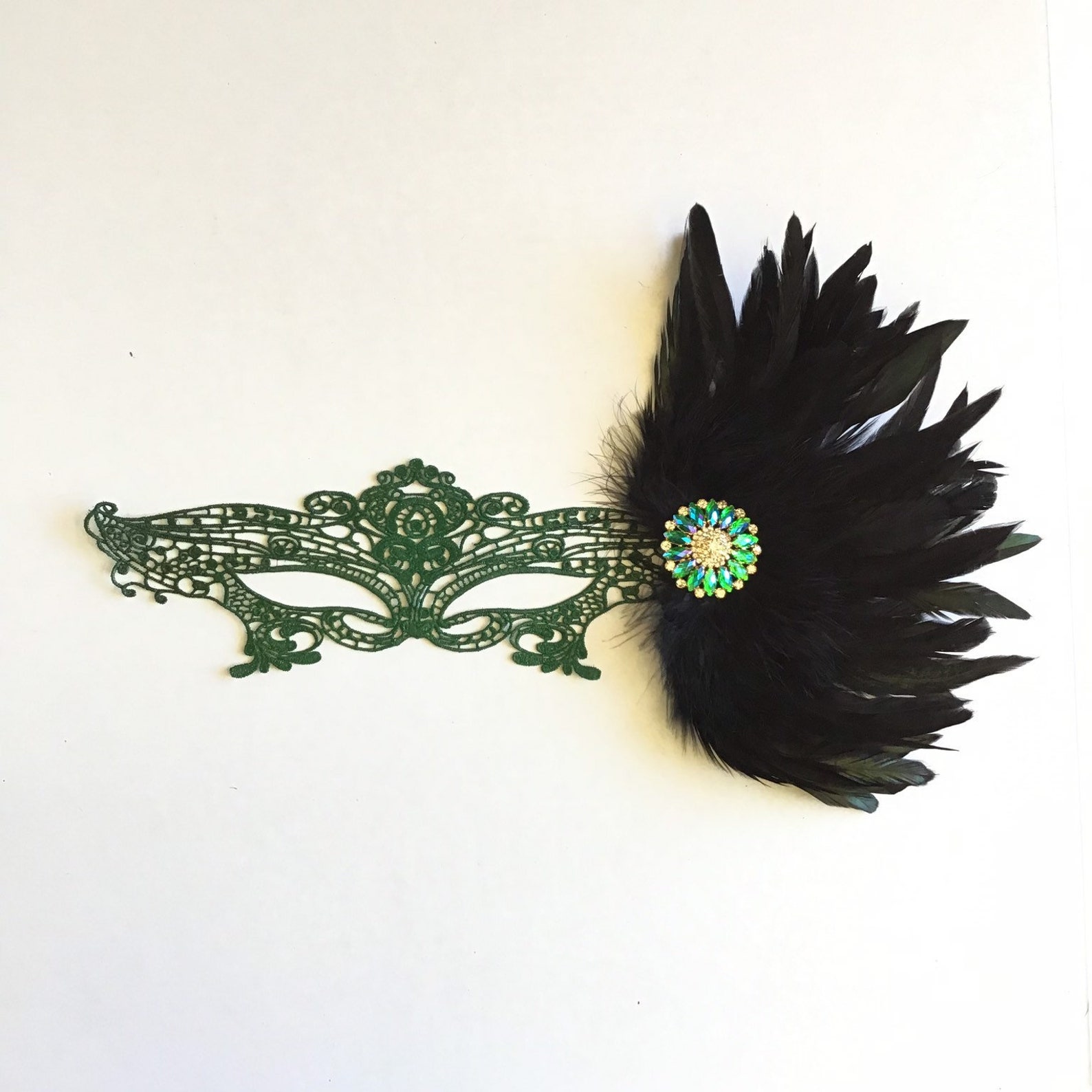 Emerald Green Masquerade Mask Women Black Feather Mask Green Etsy