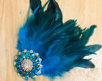 Turquoise feather hairpiece 1920s Feather hair clip Fascinator