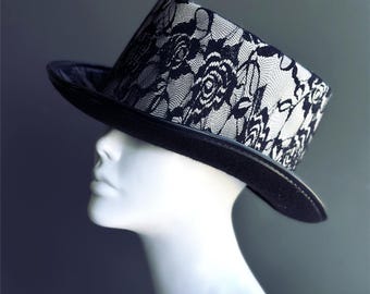 Sombrero de copa victoriano de encaje blanco y negro para mujer, sombrero de disfraz gótico steampunk con superposición de red floral, accesorio de cosplay de Halloween