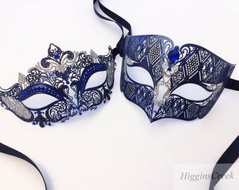 Deep Blue Couples Masquerade Masks, Navy Blue Venetian Couples Matching mask pair