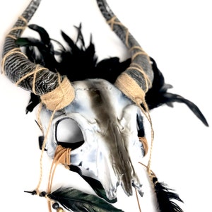 Wicker man Skull headdress Gaelic festival samhain pagan ritual horn skull feather headpiece Druid viking headwear Ram Horn Deer Antler image 5
