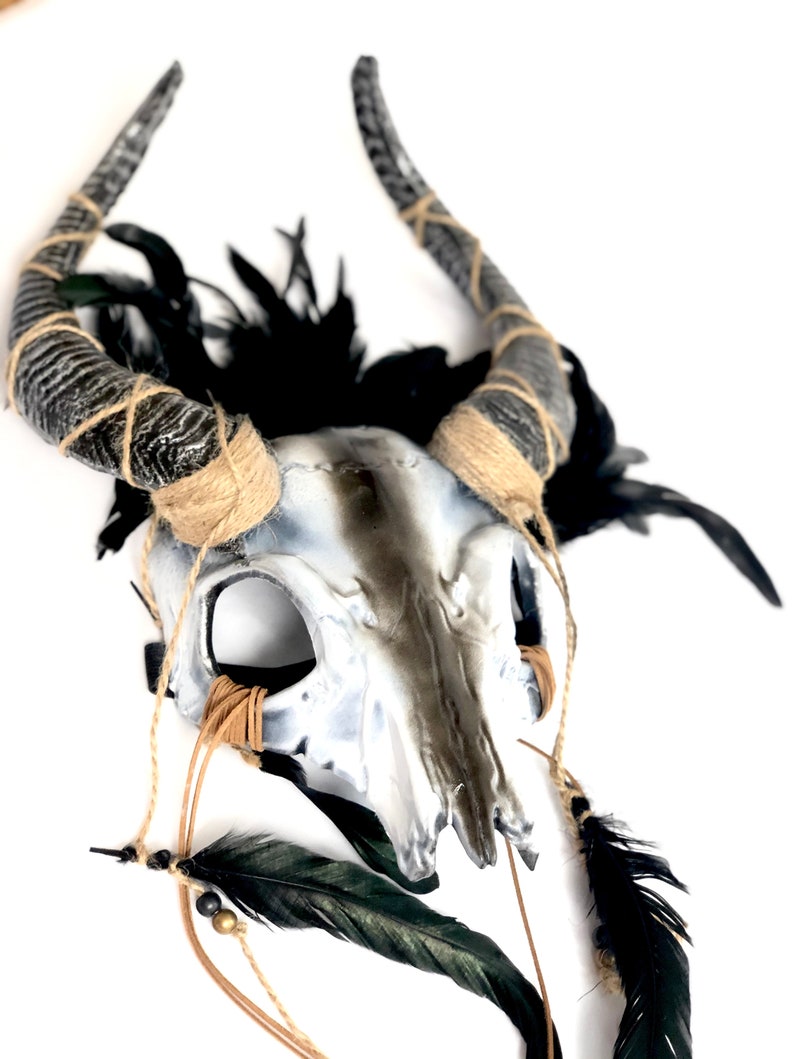 Wicker man Skull headdress Gaelic festival samhain pagan ritual horn skull feather headpiece Druid viking headwear Ram Horn Deer Antler image 5