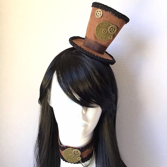 Steampunk Hat And Choker In Brown Adults Mini Steampunk Accessories, Mini Steampunk Hat With Gear, Steampunk Hat With Headband