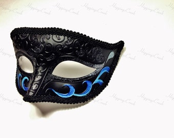 Masquerade Mask for Men, Black and Blue Mardi Gras Masks for Parties and Halloween