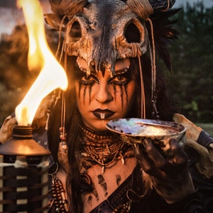 Wicker man Skull headdress Gaelic festival samhain pagan ritual horn skull feather headpiece Druid viking headwear Ram Horn Deer Antler image 2