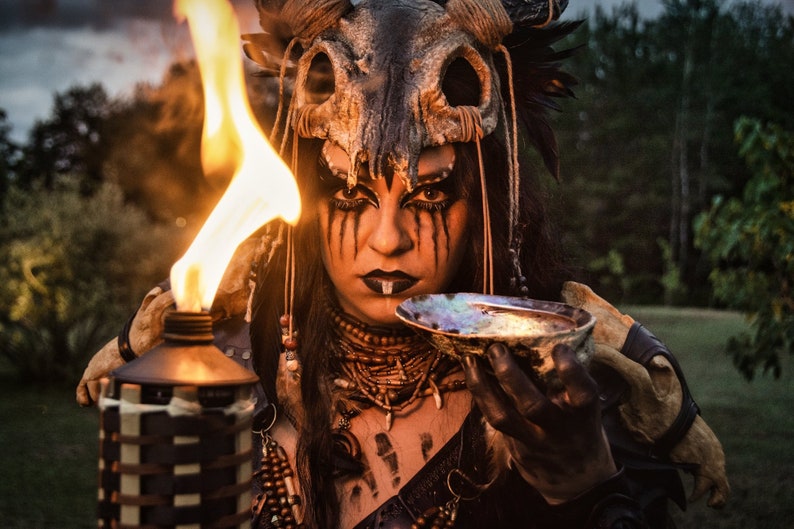 Wicker man Skull headdress Gaelic festival samhain pagan ritual horn skull feather headpiece Druid viking headwear Ram Horn Deer Antler image 2
