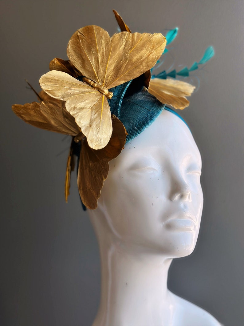 Teal Gold Butterfly Fascinator Tea Party Hat image 2