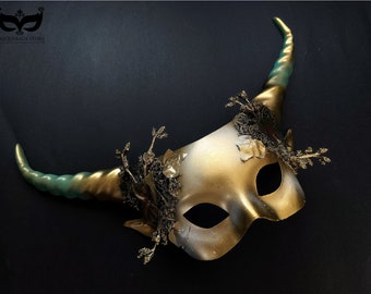 Mythical Creature Gold Green Nature Goddess Horn Party Mask