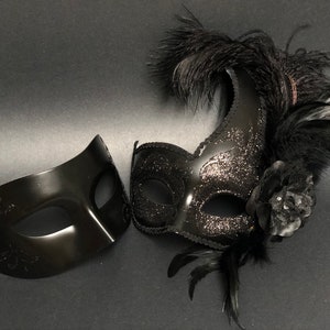 masquerade mask couples, phantom mask pair, Simple elegant Black half face Masks also in Gold, Silver, White image 4