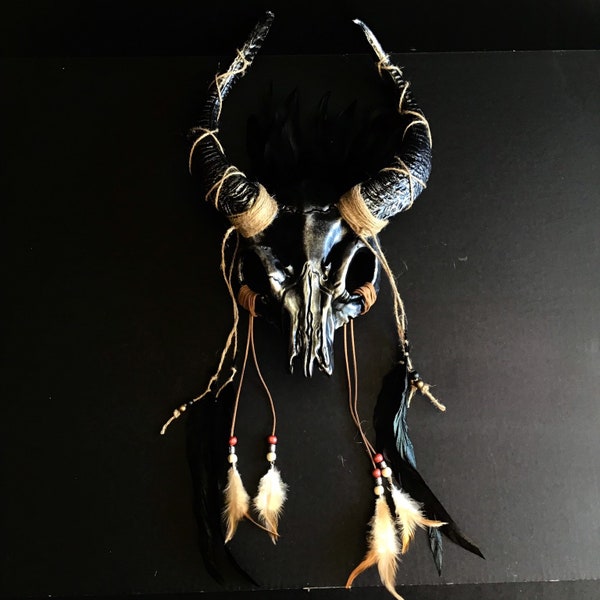 Ram Skull Headpiece Silver/Black, Tribal Skull Mask Horns, Western Art Deco Feathers, Vintage Animal Skull Headdress