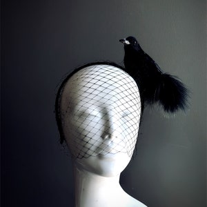 Black Crow Fascinator Halloween Fascinators Bird Fascinator, Bird Hat, Fishnet Headpiece, raven headband Black Veil