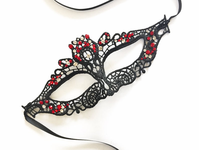 Red Dress matching Masquerade Mask studded with ruby and crystal rhinestones Red Ruby Jeweled Masquerade Mask