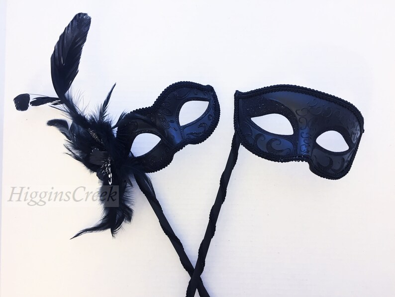 Masks on stick handheld Masquerade Masks couples feathers and gold paint