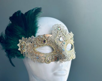 Green Venetian Masks -  Green Feather Masquerade Masks - green Feather Women’s Mask