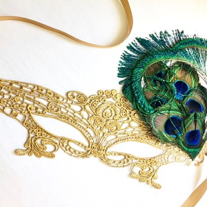 Gold lace mask with Peacock feather masquerade mask women