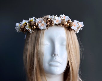 Gold Flower Crown, Christmas Wreath Crown, Bridal Flower Crown, Christmas Party, Flower Headband