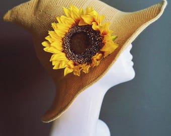Halloween Witch Hat with Sun Flower - Woolblend Witch Hat Cosplay - Pointed Wide Brim Witch Hat - Good Witch Hat Yellow