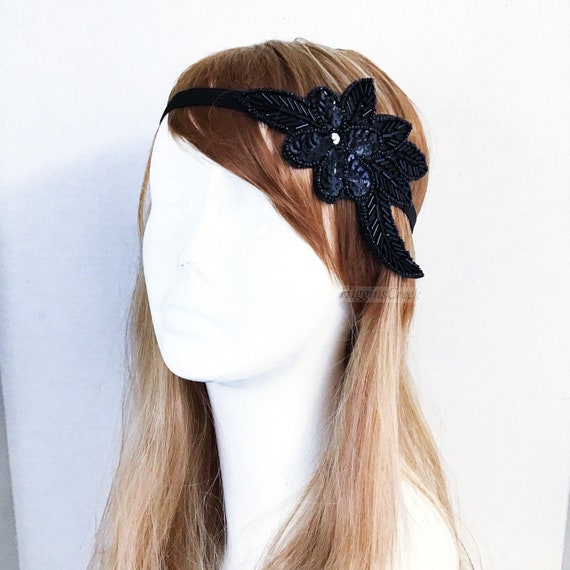 Beaded Headpiece Black beads and white bead with black floral. Beaded Headpiece Black beads and white bead with black floral main image 4