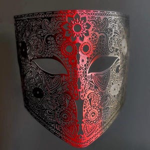 Red and Black Two Tone Full Face Mens Masquerade Mask Halloween Mask Bauta mask Metal Half Red Half Black mask Roman mask Cosplay Costume