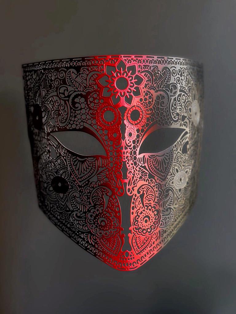 ヴィンテージ　ブラジリアンマスク　ローズウッ製　舞台芸術 赤と黒のツートンカラーのフルフェイスのメンズ仮面舞踏会マスク
