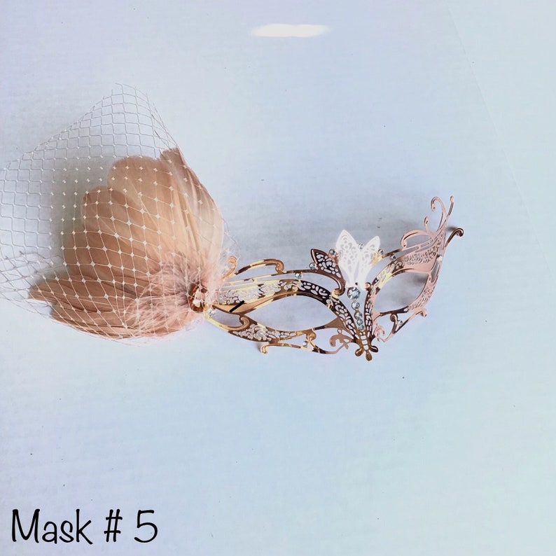 Rose gold masquerade mask women metal mask with feathers prom weddings