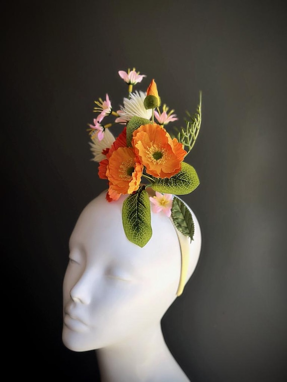 Vibrant Orange and Yellow Floral Fascinator Bright Orange Floral Vintage Inspired Round Fascinator  main image 4