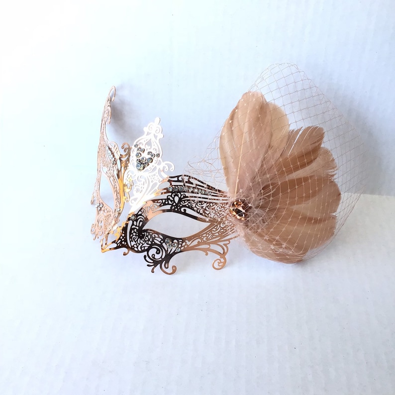 Rose gold masquerade mask women metal mask with feathers prom weddings
