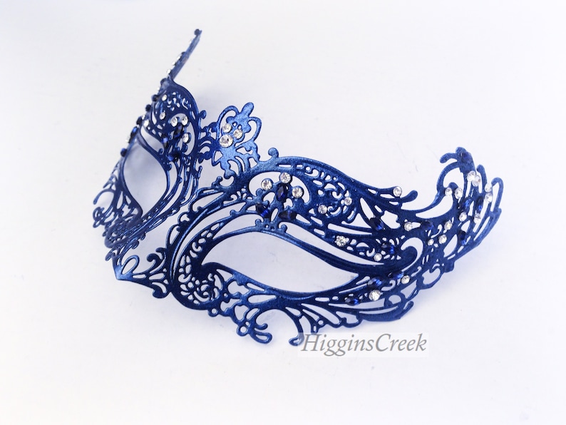 Navy Blue Masquerade Mask Women, Venetian Mask, Mardi Gras RHINESTONES, Masquerade Party Mask, Masked Ball, Womens Mask image 1