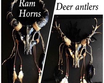 Deer Skull Masquerade Mask Gold/Black, Viking Skull Headpiece, Skull With Horns And Feathers