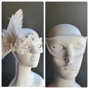 White couples masks pair wedding masks white feather mask mens white masquerade ball mask