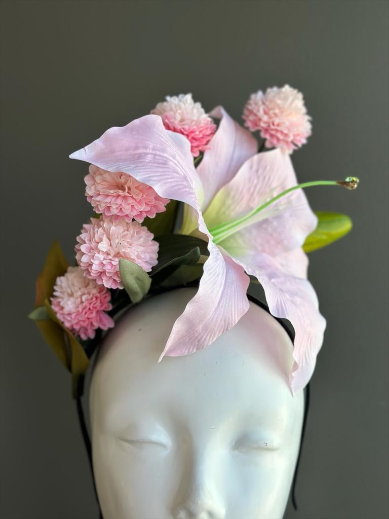 Floral Pink Lily and Green Hydrangea Fascinator Headpiece Pink Lily Fascinator - Etsy main image 2