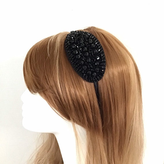 Elegant Black Beaded Headband Black Beaded Flapper Headband with Red Feathers - Masquerade  main image 2