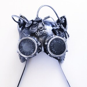 Gatto steampunk Mask masquerade mask Party Metalic Silver Goggle Cat face mask with Goggle image 5