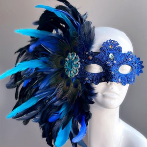 Feather masquerade mask Royal Blue women feather mask brocade lace peacock feather Mardi Gras party mask
