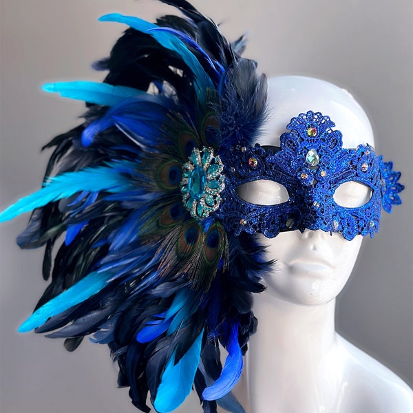 Masque de mascarade en plumes bleu royal femmes masque de plumes dentelle brocart plume de paon masque de fête de mardi gras