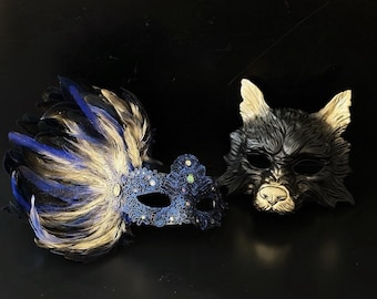 Blue Gold Feather Lace Mask & Wolf Mask Couple Set Venetian Masquerade