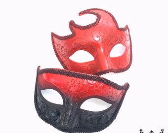 Black Red Venetian Couples Masks, Masquerade Party Mask, Masquerade Ball, Costume Mask, Prom Mask, Wedding Mask, Gala Mask, Elegant Masks