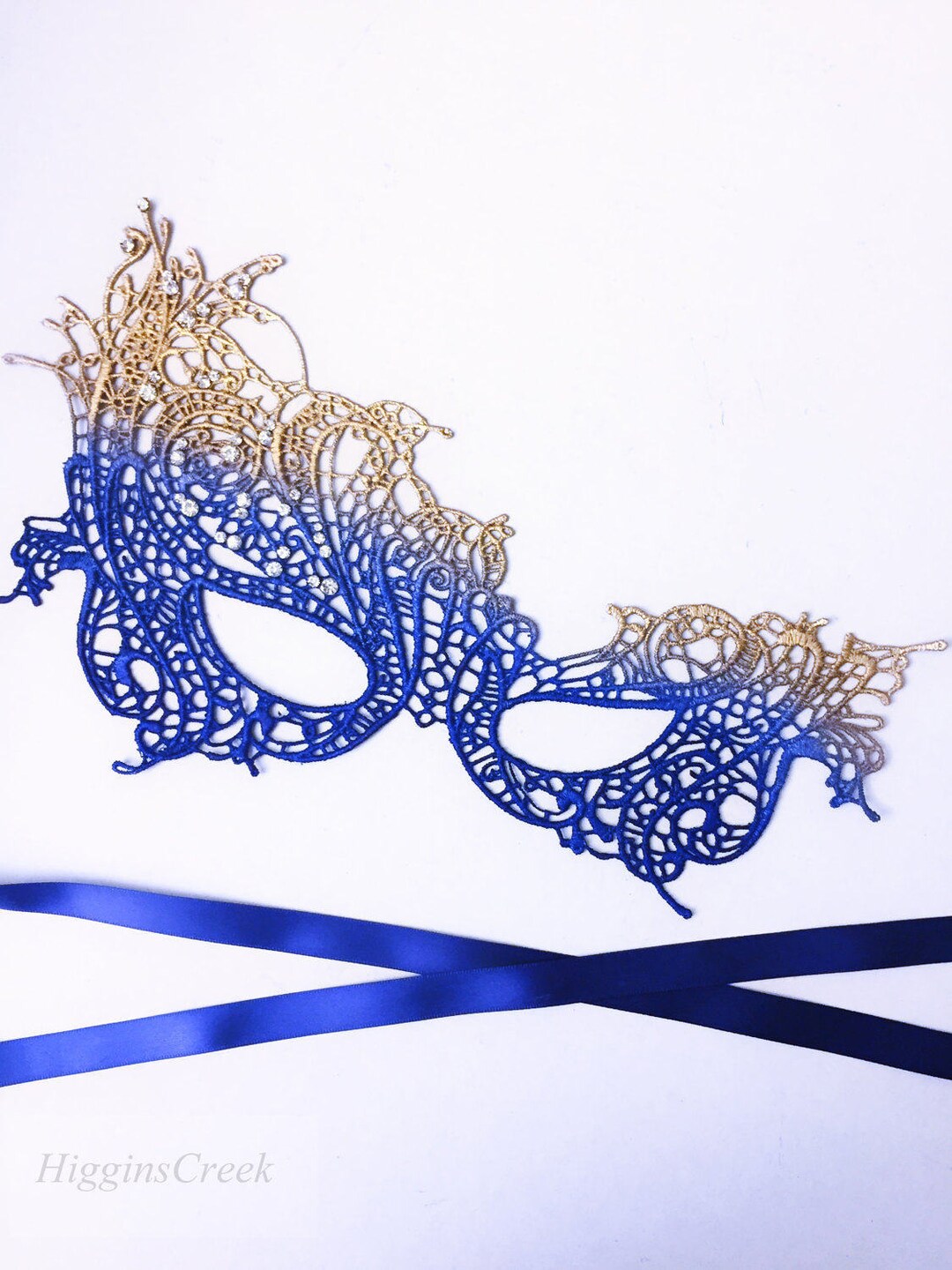 Blue and Gold Lace Masquerade Mask With Rhinestones for Women Etsy