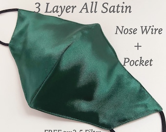 Emerald Green SATIN 3 Layer MASK Satin Face Mask Filter Pocket bridesmaids gifts Wedding face Mask Luxury Fabric Masks Face Mask