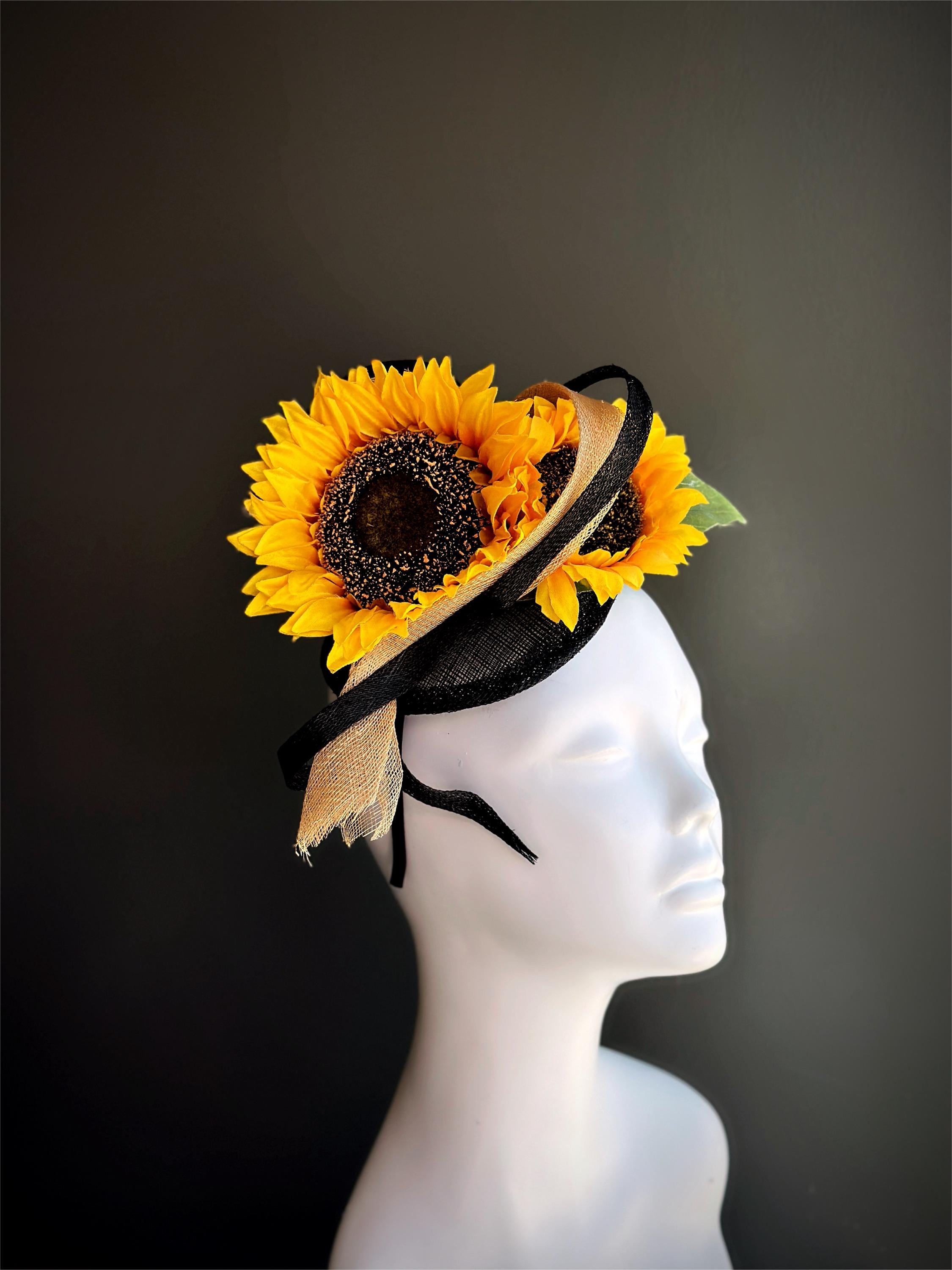 Black Fascinator Hat with Large Yellow Flower and Veil Black Fascinators & Derby Hats | Handmade in Louisville, KY  main image 3
