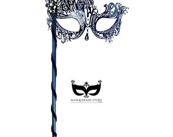 Black Goddess Filigree Metal Venetian Masquerade Mask with Handheld Stick Jewel Adornments