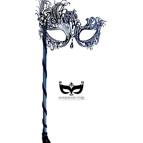 Black Goddess Filigree Metal Venetian Masquerade Mask with Handheld Stick Jewel Adornments