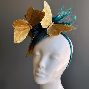 Teal Gold Butterfly Fascinator Tea Party Hat image 6