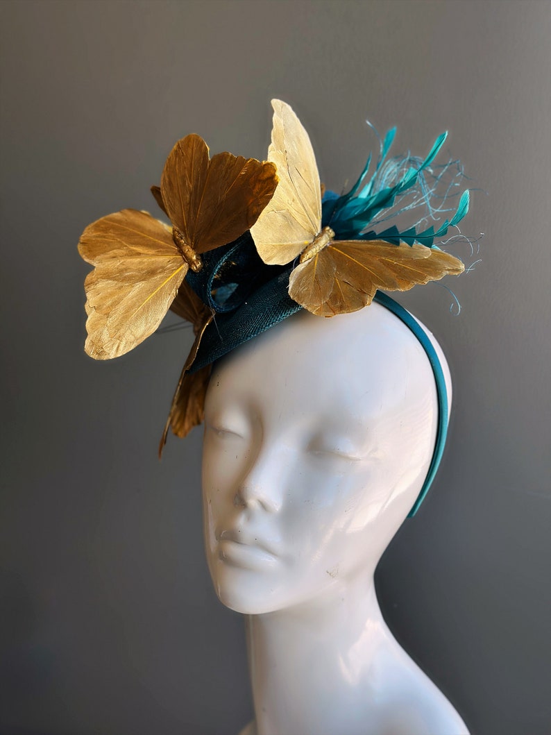 Teal Gold Butterfly Fascinator Tea Party Hat image 6